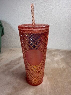 Starbucks Iridescent Coral Pink Diamond-Texture Tumbler with Straw